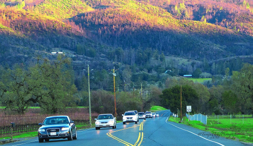 scenery of a road with cars driving on it and a mountain in the background