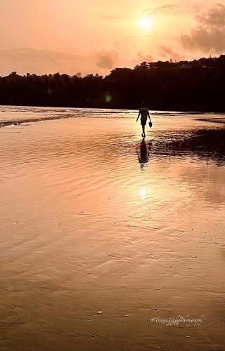 scenery of a person walking on the beach at sunset