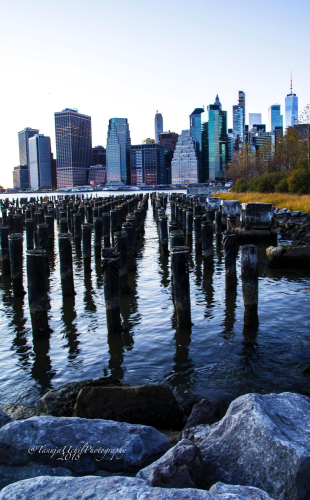 scenery of a city skyline with a pier and rocks in the foreground